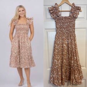 NWOT Gilner Farrar Tessa Dress S – Khaki Thistle Floral Smocked Midi